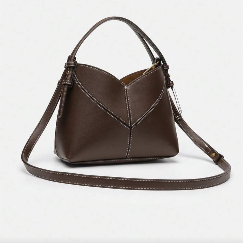 Brown faux leather top handle bag